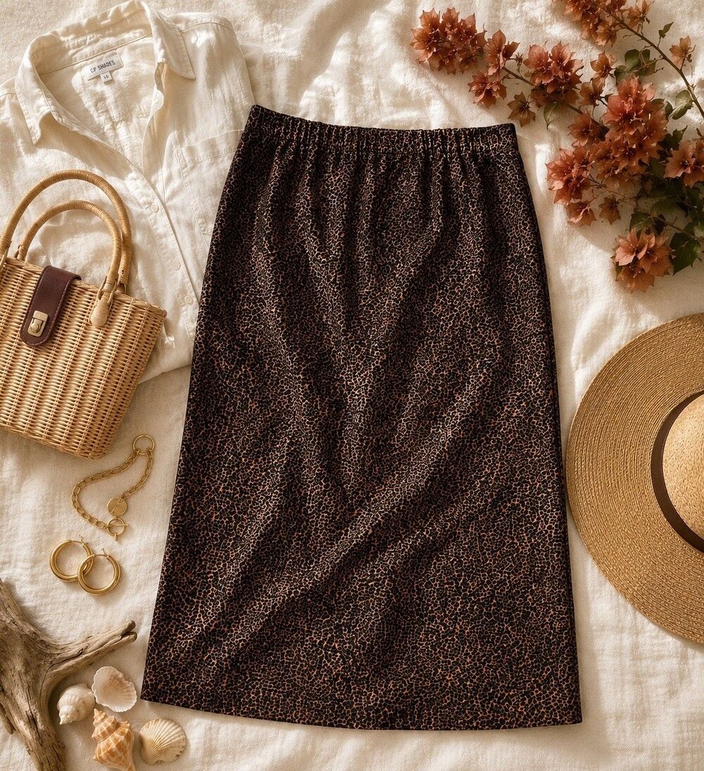JM Collection Leopard Print Stretch Midi Skirt Size 14